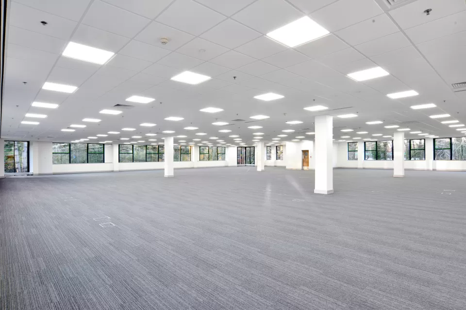 Large empty office building floor with white walls and grey carpeting